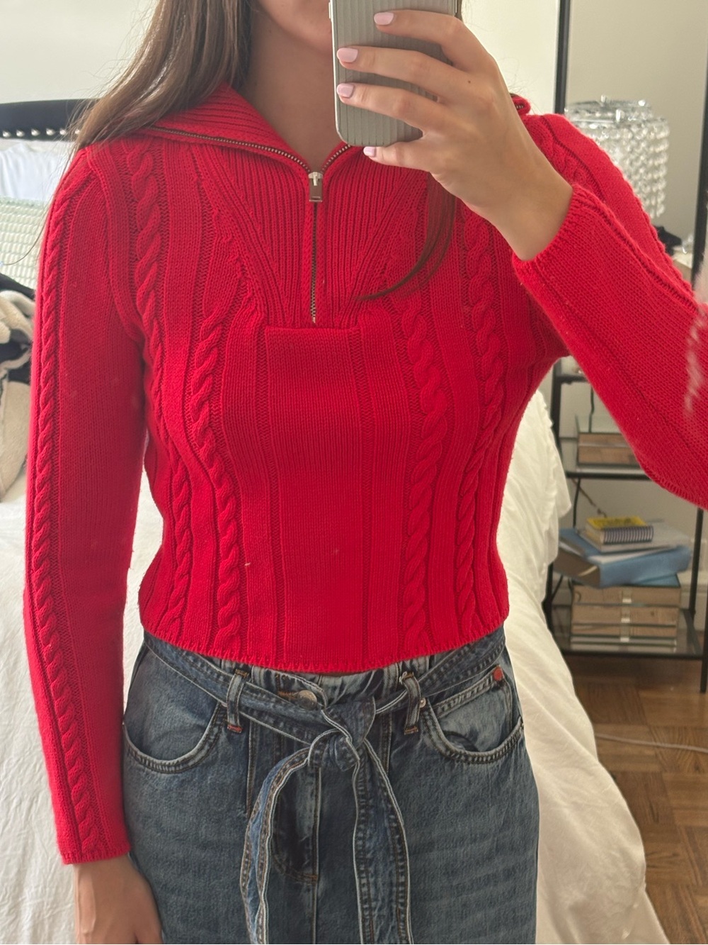 Cropped Red Cable-Knit Half-Zip Sweater Zara